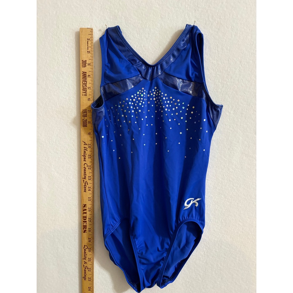 GK Elite Royal Blue Rhinestone Metallic Trim Gymnastics Leotard Tank V-Back